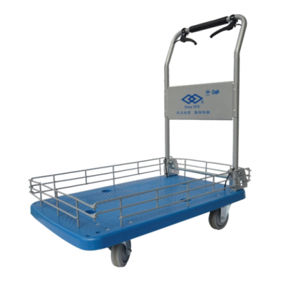 300kg  Heavy duty plastic platform foldable  hand cart four wheels  with handle brake and fence